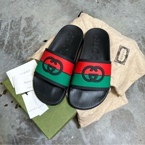 Gucci NEW Interlocking Logo Slides Sandals Womens SZ 7.5 (38 euro) Red Green